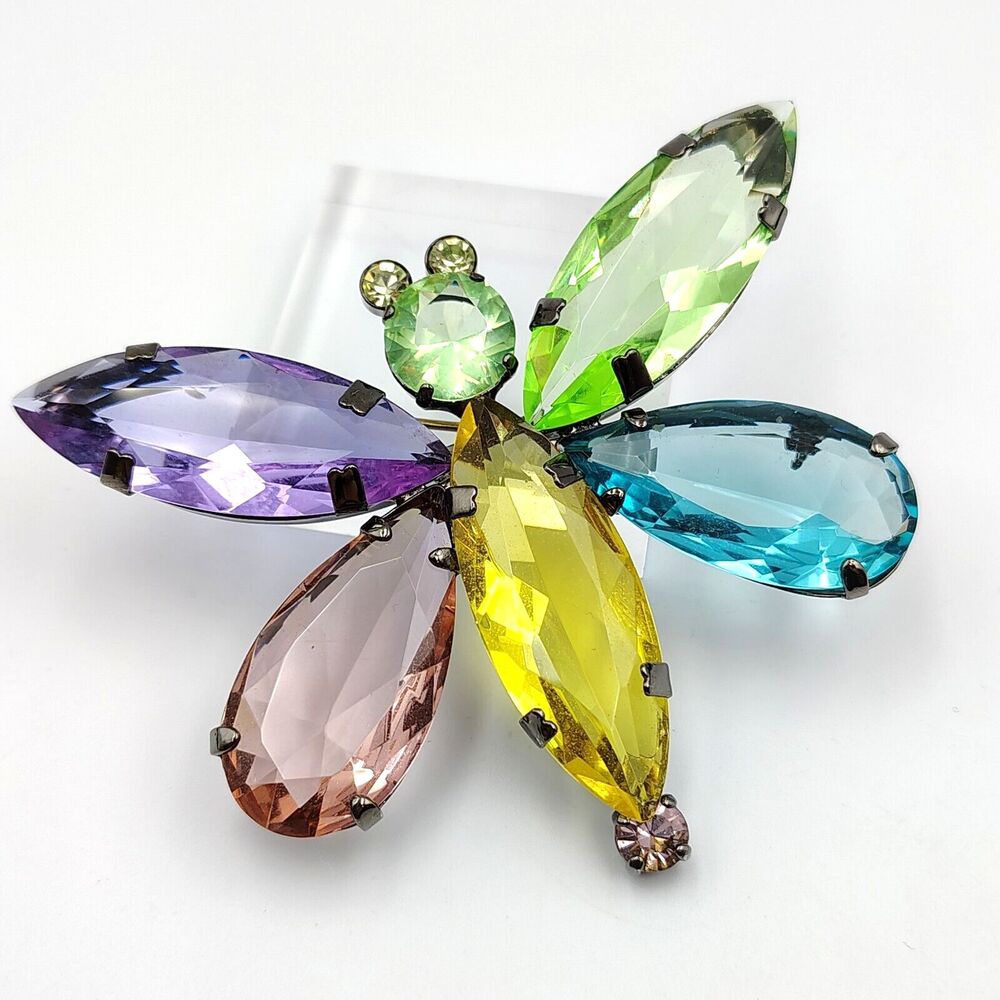 Giorgio Armani Multicolor Crystal Gunmetal Statement Butterfly Brooch Pin Y2K